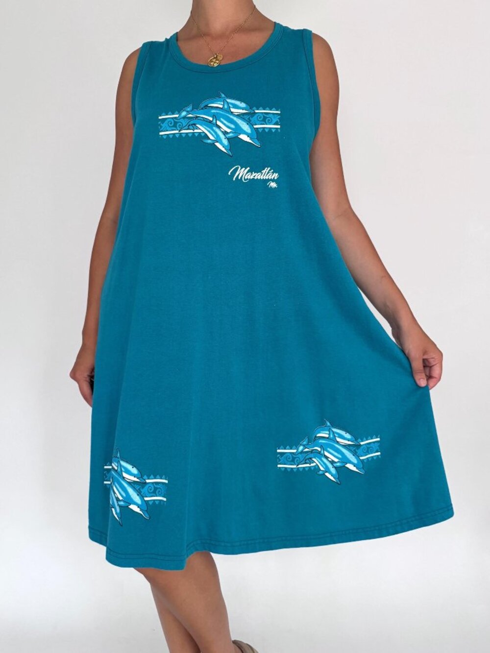 90s vintage blue dolphin ocean print pure cotton midi dress vacation cover up
